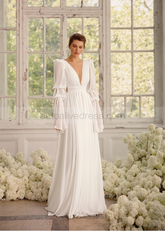 Ivory Chiffon V Back Airy Wedding Dress